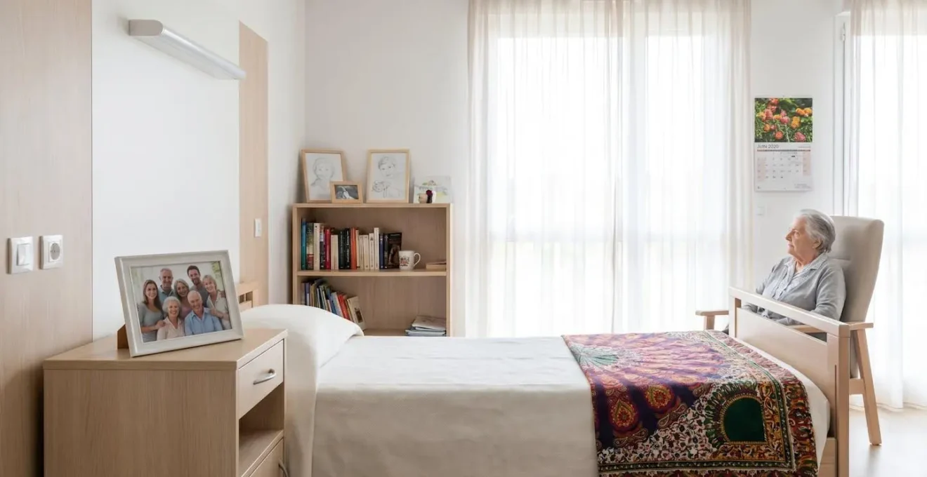 Vue d'une chambre lumineuse en EHPAD avec objets personnels sur la table de chevet et couverture colorée