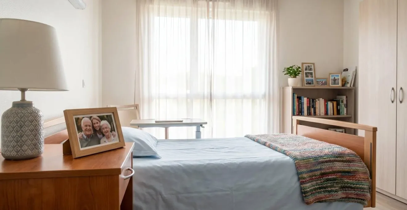 Vue d'une chambre lumineuse en EHPAD avec objets personnels sur la table de chevet et couverture colorée
