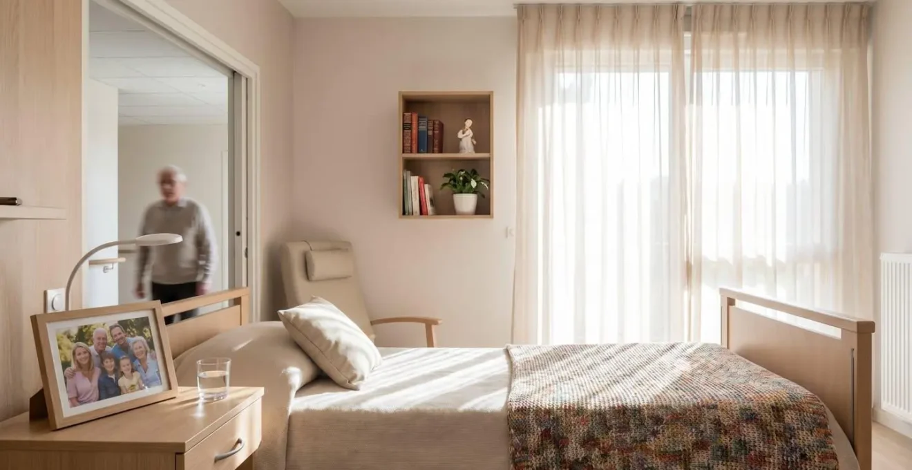 Vue d'une chambre lumineuse en EHPAD avec objets personnels sur la table de chevet et couverture colorée