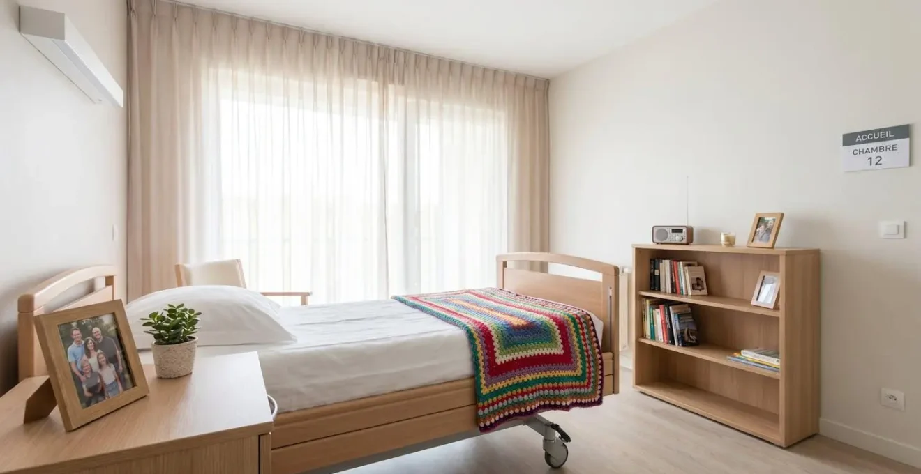 Vue d'une chambre lumineuse en EHPAD avec objets personnels sur la table de chevet et couverture colorée