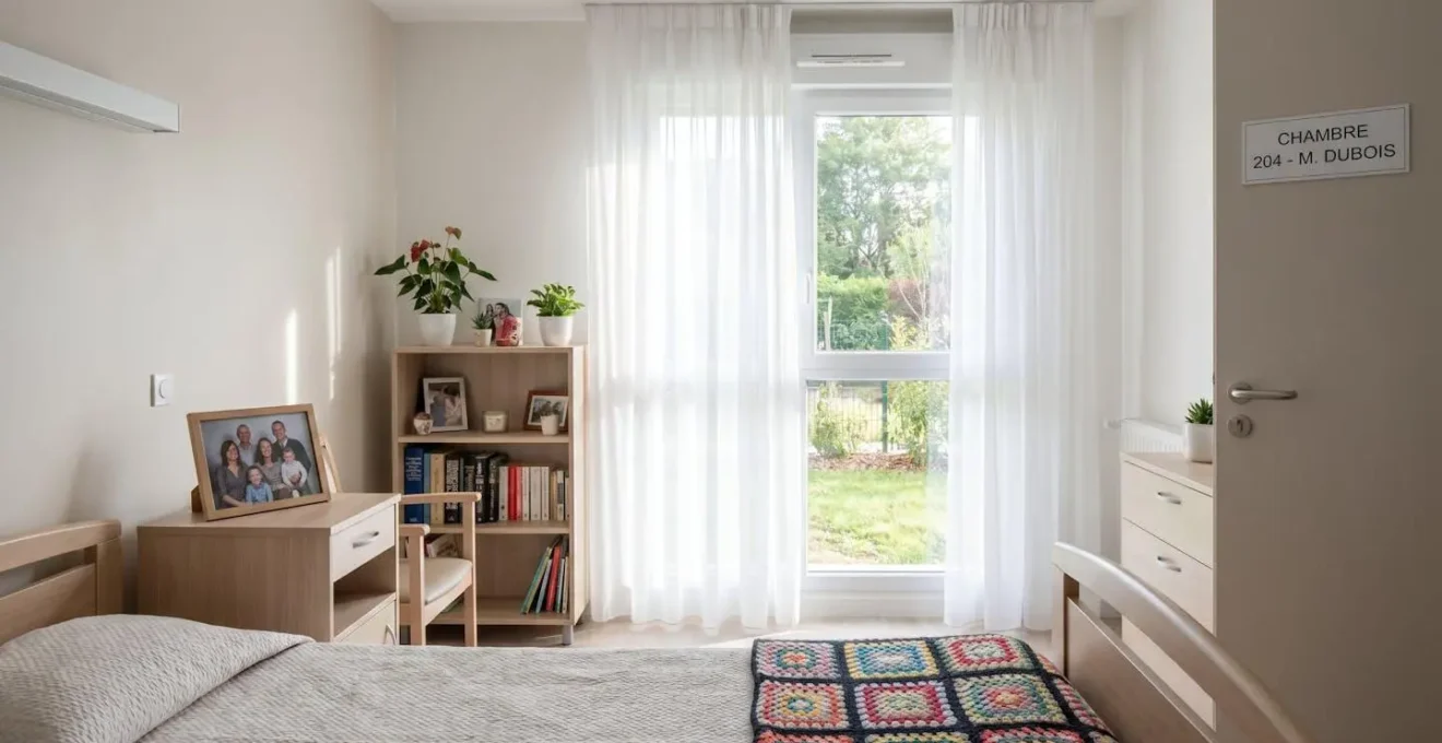 Vue d'une chambre lumineuse en EHPAD avec objets personnels sur la table de chevet et couverture colorée