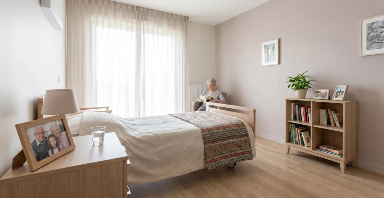 Vue d'une chambre lumineuse en EHPAD avec objets personnels sur la table de chevet et couverture colorée