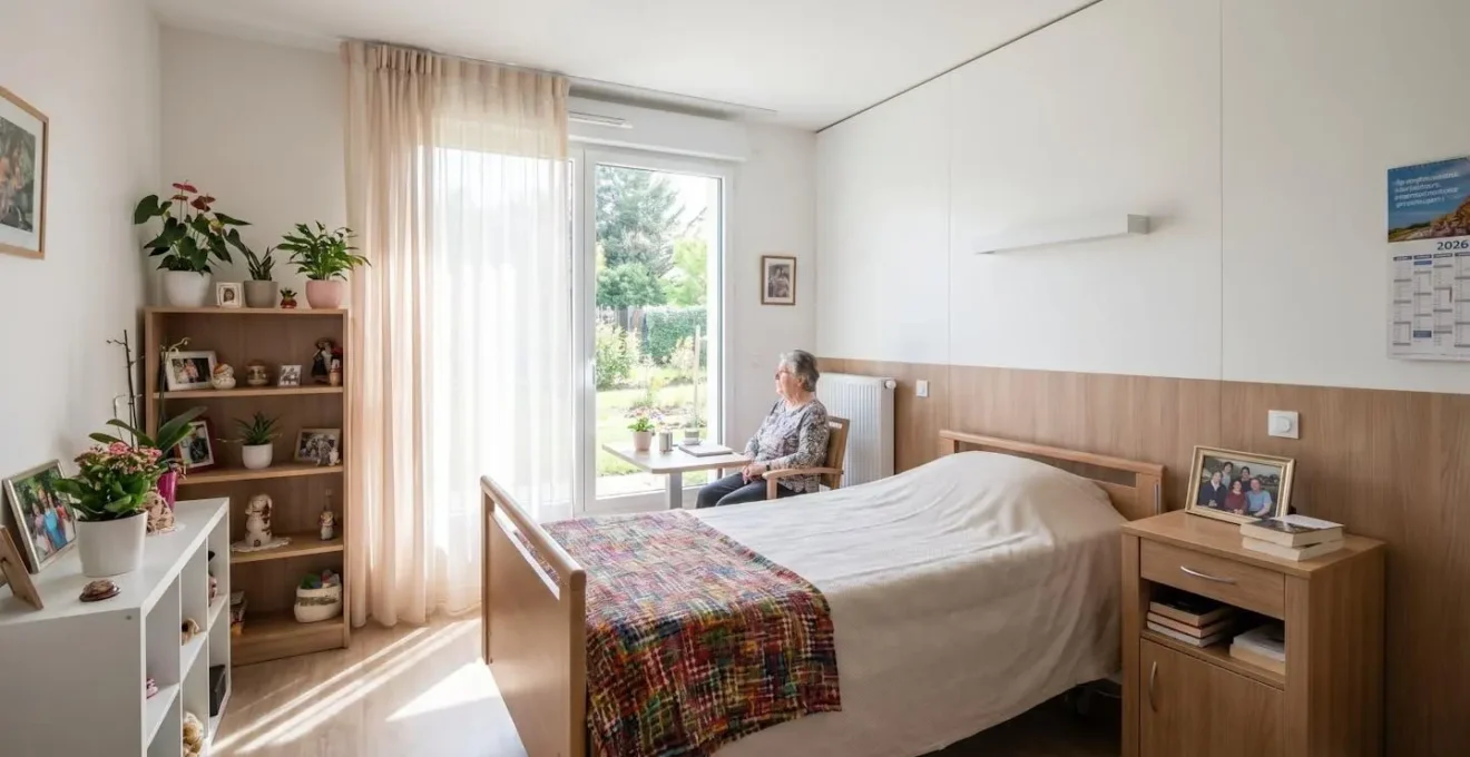 Vue d'une chambre lumineuse en EHPAD avec objets personnels sur la table de chevet et couverture colorée