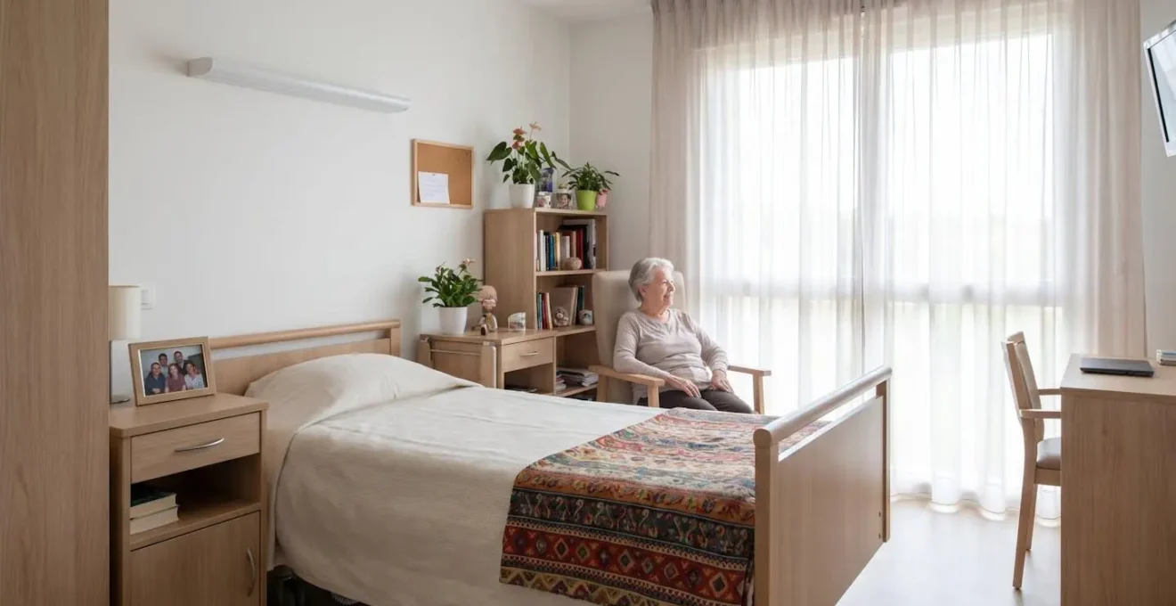 Vue d'une chambre lumineuse en EHPAD avec objets personnels sur la table de chevet et couverture colorée