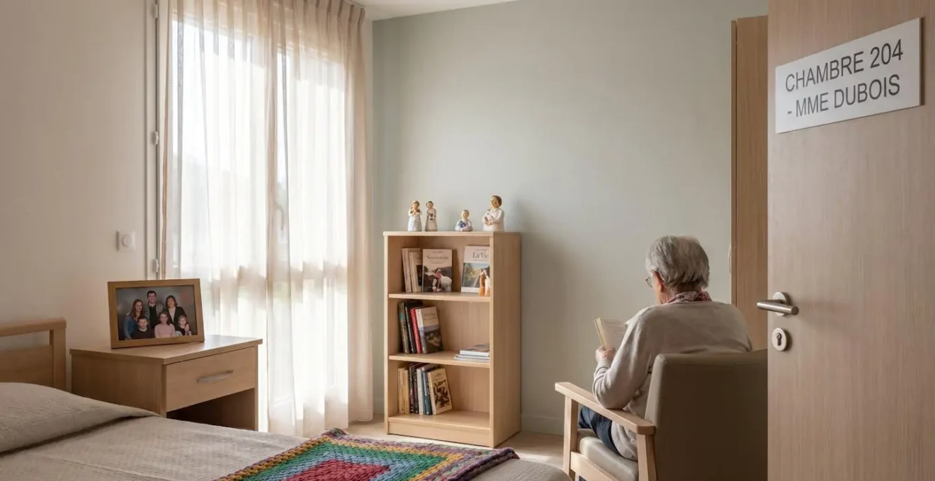 Vue d'une chambre lumineuse en EHPAD avec objets personnels sur la table de chevet et couverture colorée