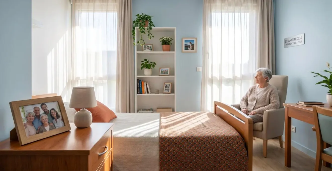 Vue d'une chambre lumineuse en EHPAD avec objets personnels sur la table de chevet et couverture colorée