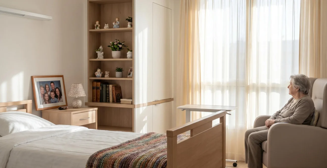 Vue d'une chambre lumineuse en EHPAD avec objets personnels sur la table de chevet et couverture colorée