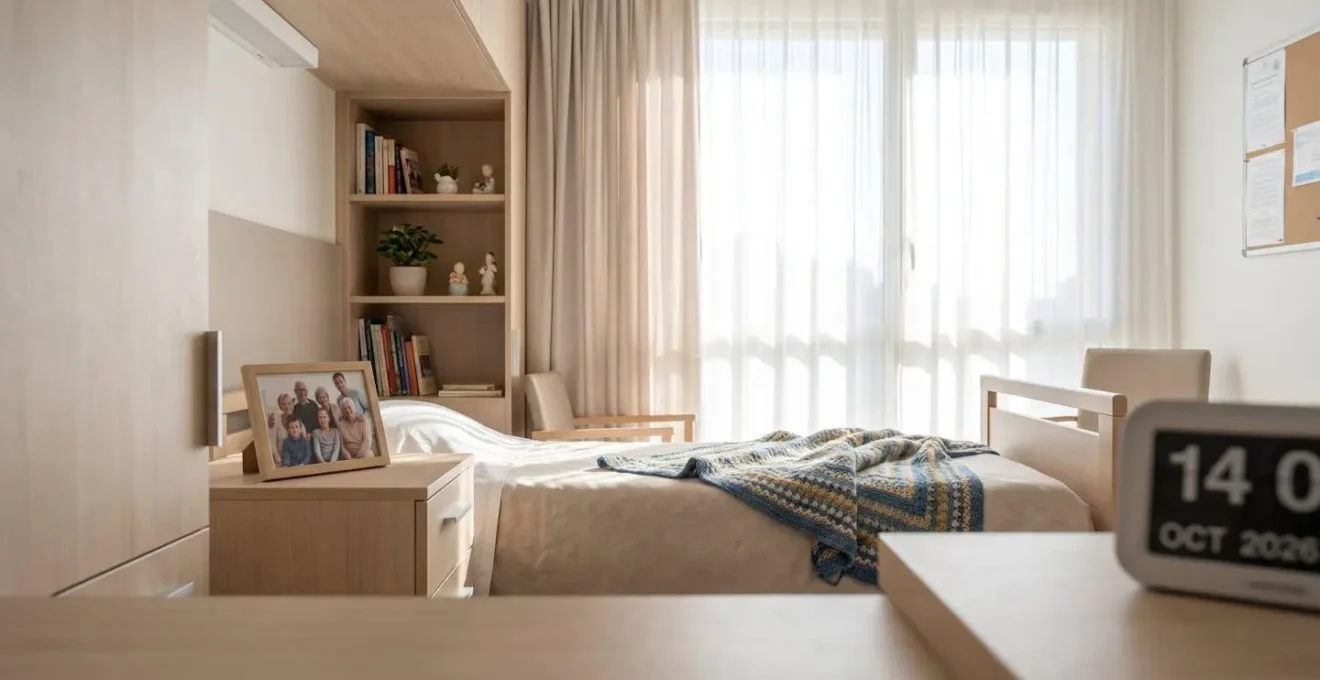 Vue d'une chambre lumineuse en EHPAD avec objets personnels sur la table de chevet et couverture colorée