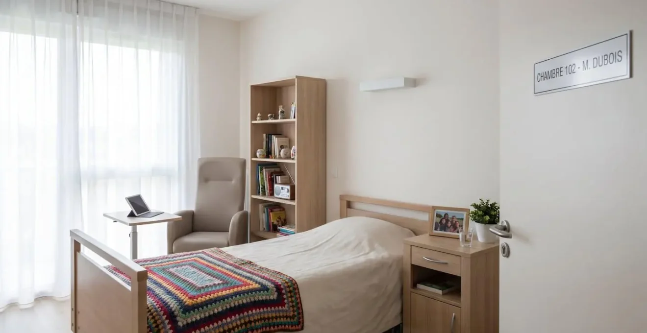 Vue d'une chambre lumineuse en EHPAD avec objets personnels sur la table de chevet et couverture colorée