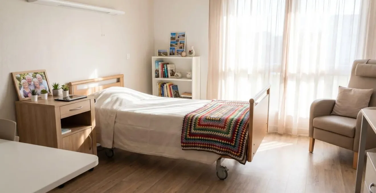 Vue d'une chambre lumineuse en EHPAD avec objets personnels sur la table de chevet et couverture colorée