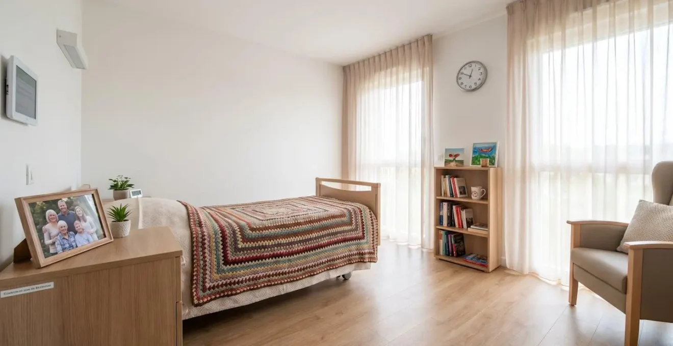 Vue d'une chambre lumineuse en EHPAD avec objets personnels sur la table de chevet et couverture colorée