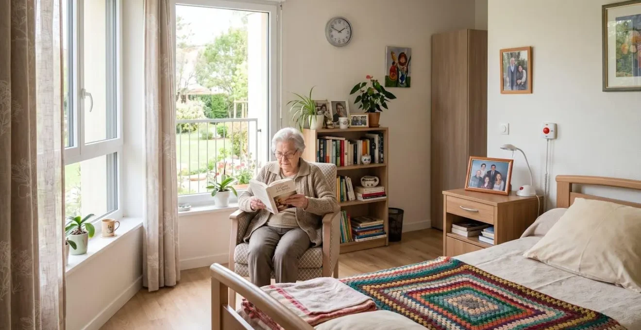 Vue d'une chambre lumineuse en EHPAD avec objets personnels sur la table de chevet et couverture colorée