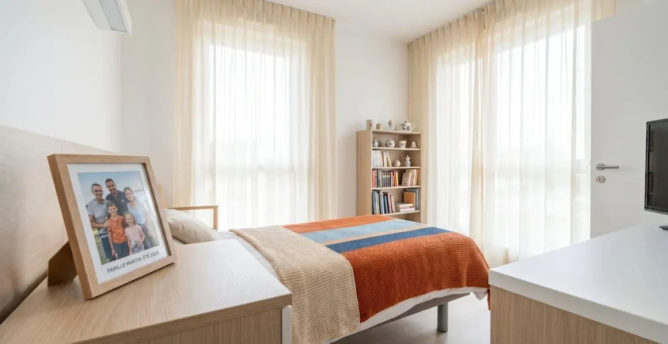 Vue d'une chambre lumineuse en EHPAD avec objets personnels sur la table de chevet et couverture colorée