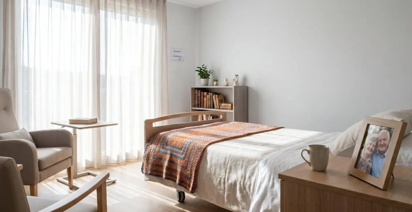 Vue d'une chambre lumineuse en EHPAD avec objets personnels sur la table de chevet et couverture colorée