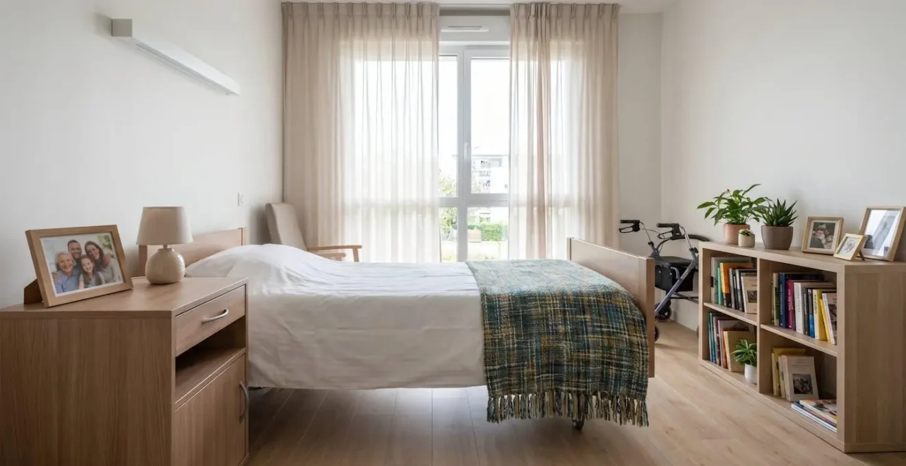 Vue d'une chambre lumineuse en EHPAD avec objets personnels sur la table de chevet et couverture colorée