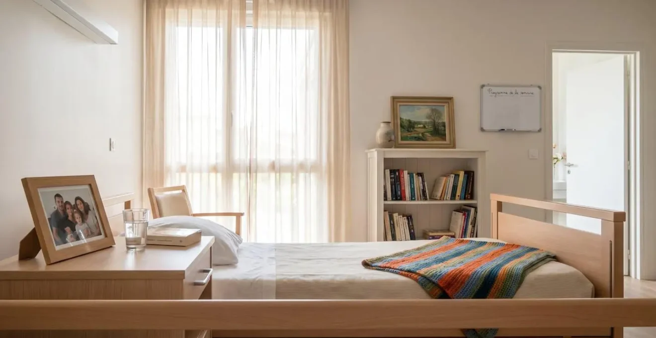 Vue d'une chambre lumineuse en EHPAD avec objets personnels sur la table de chevet et couverture colorée