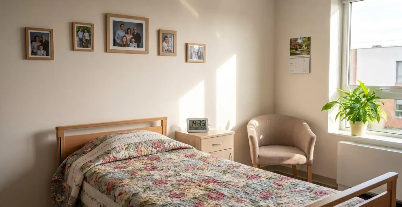 Chambre d'EHPAD lumineuse aménagée avec un dessus-de-lit fleuri personnel, des photos de famille encadrées au mur, un petit fauteuil confortable et une plante verte