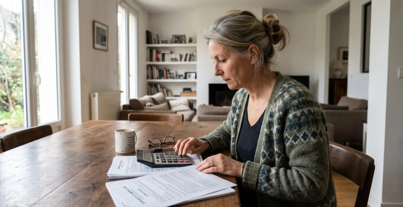 Femme d'âge mûr vue de dos consultant des documents immobiliers et une calculatrice posés sur une table en bois, lumière naturelle d'après-midi, intérieur contemporain