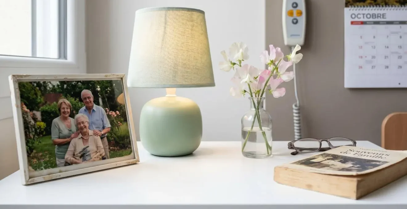 Vue rapprochée d'une table de chevet avec cadre photo familial, lampe douce et petit vase de fleurs fraîches
