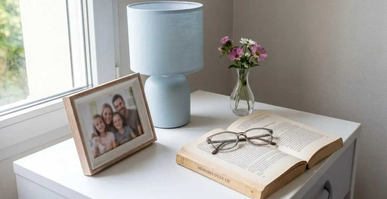 Vue rapprochée d'une table de chevet avec cadre photo familial, lampe douce et petit vase de fleurs fraîches