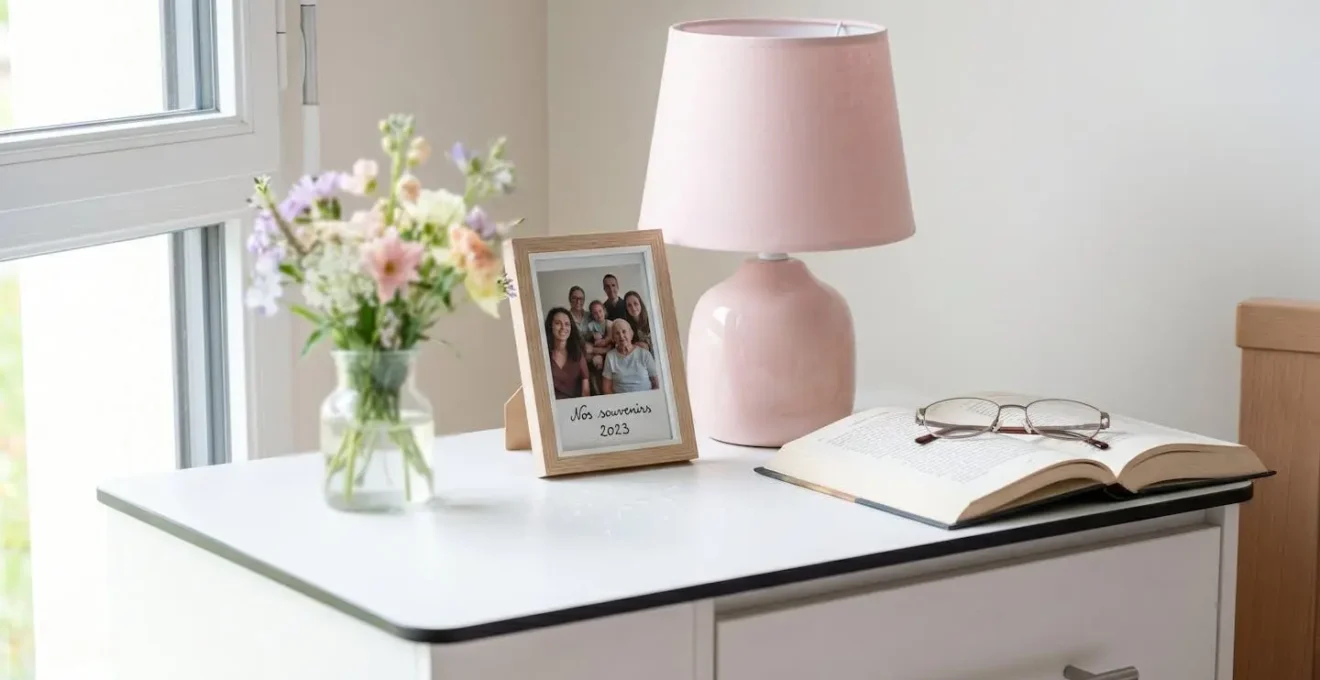 Vue rapprochée d'une table de chevet avec cadre photo familial, lampe douce et petit vase de fleurs fraîches