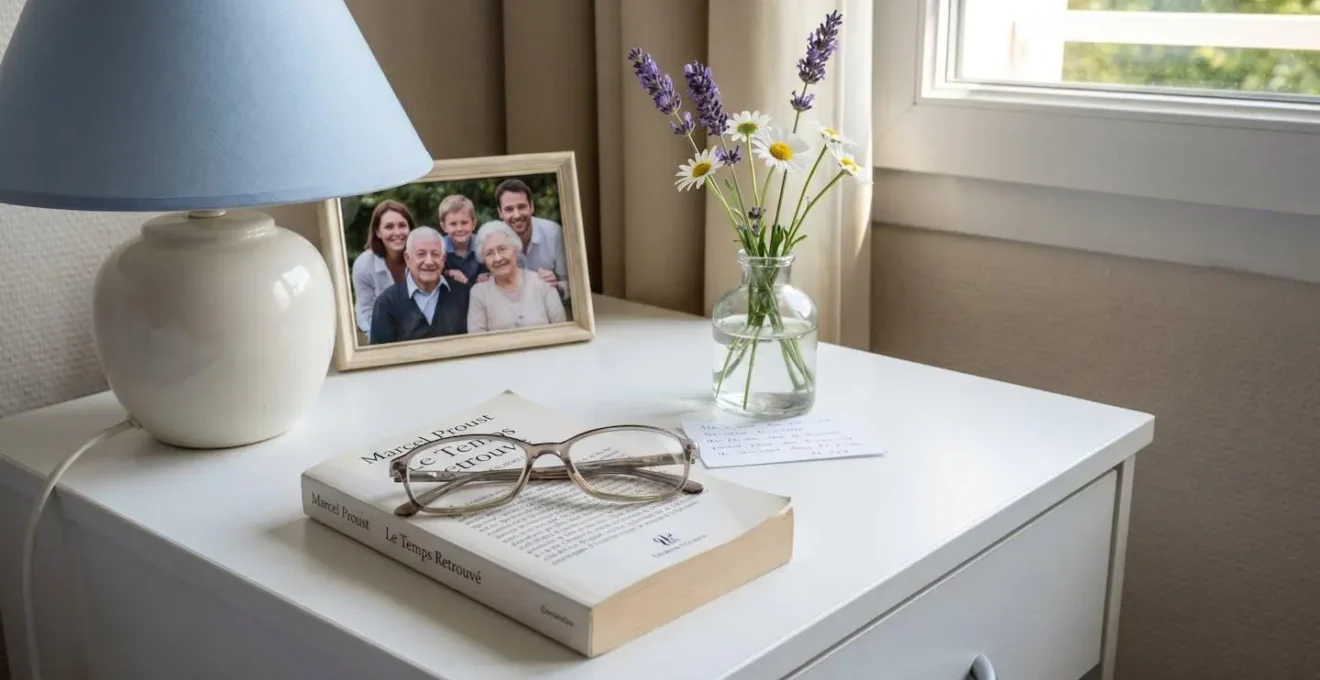 Vue rapprochée d'une table de chevet avec cadre photo familial, lampe douce et petit vase de fleurs fraîches