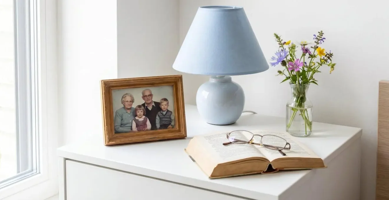 Vue rapprochée d'une table de chevet avec cadre photo familial, lampe douce et petit vase de fleurs fraîches