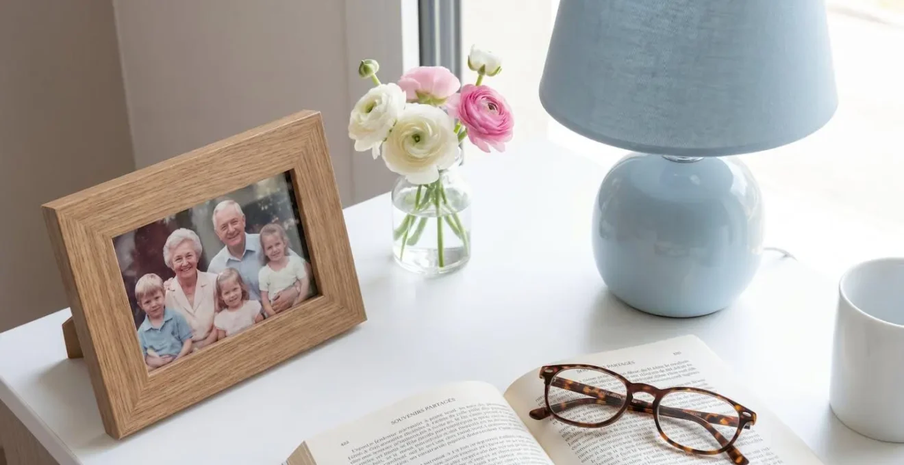 Vue rapprochée d'une table de chevet avec cadre photo familial, lampe douce et petit vase de fleurs fraîches