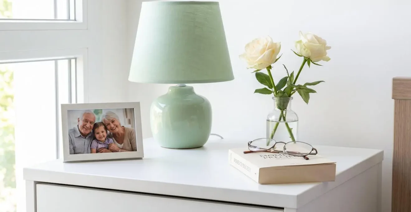 Vue rapprochée d'une table de chevet avec cadre photo familial, lampe douce et petit vase de fleurs fraîches