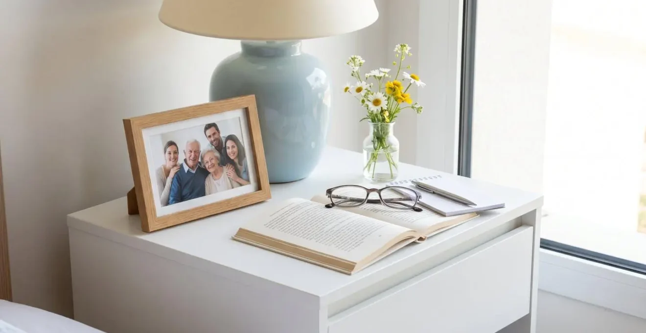 Vue rapprochée d'une table de chevet avec cadre photo familial, lampe douce et petit vase de fleurs fraîches