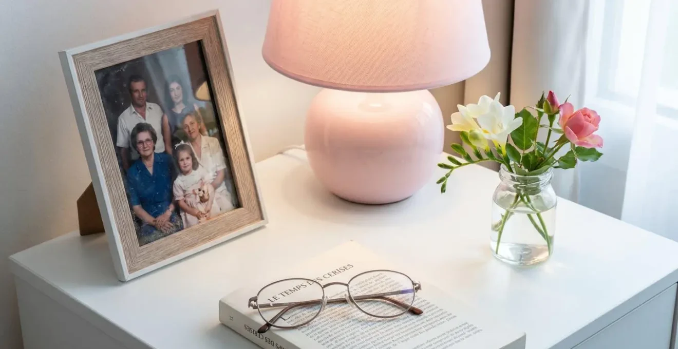 Vue rapprochée d'une table de chevet avec cadre photo familial, lampe douce et petit vase de fleurs fraîches