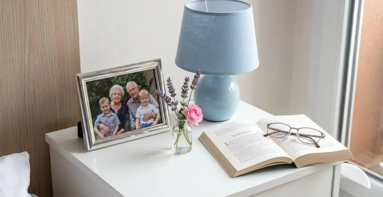 Vue rapprochée d'une table de chevet avec cadre photo familial, lampe douce et petit vase de fleurs fraîches