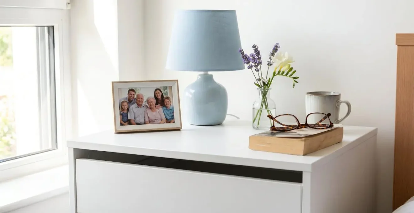 Vue rapprochée d'une table de chevet avec cadre photo familial, lampe douce et petit vase de fleurs fraîches