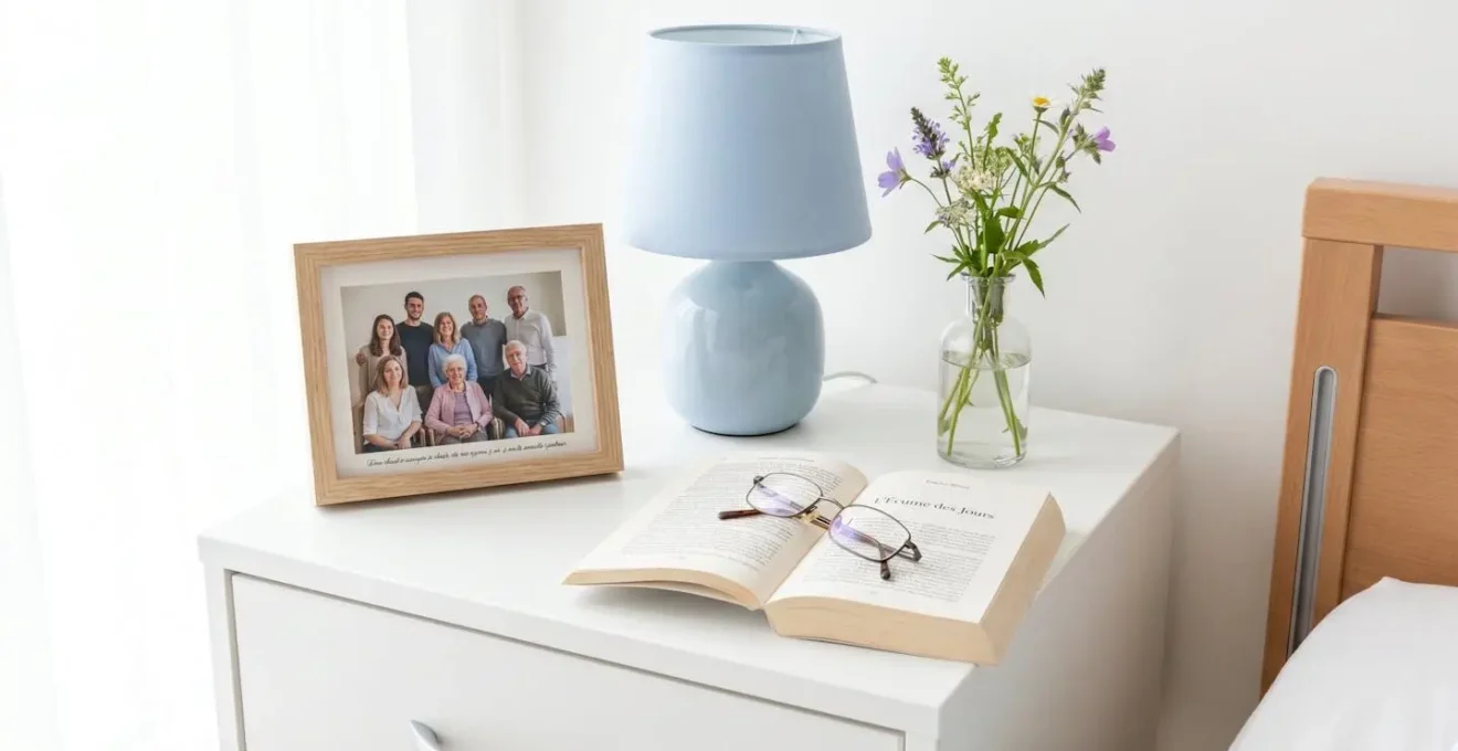 Vue rapprochée d'une table de chevet avec cadre photo familial, lampe douce et petit vase de fleurs fraîches