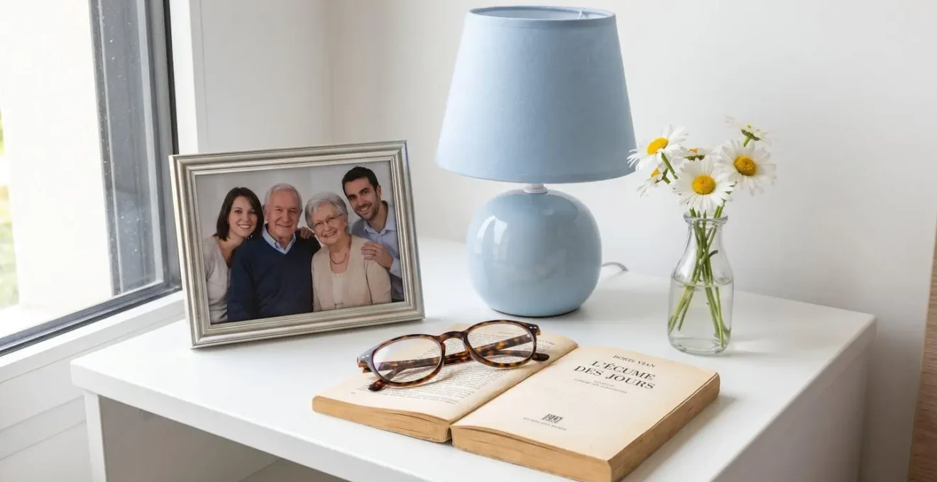 Vue rapprochée d'une table de chevet avec cadre photo familial, lampe douce et petit vase de fleurs fraîches