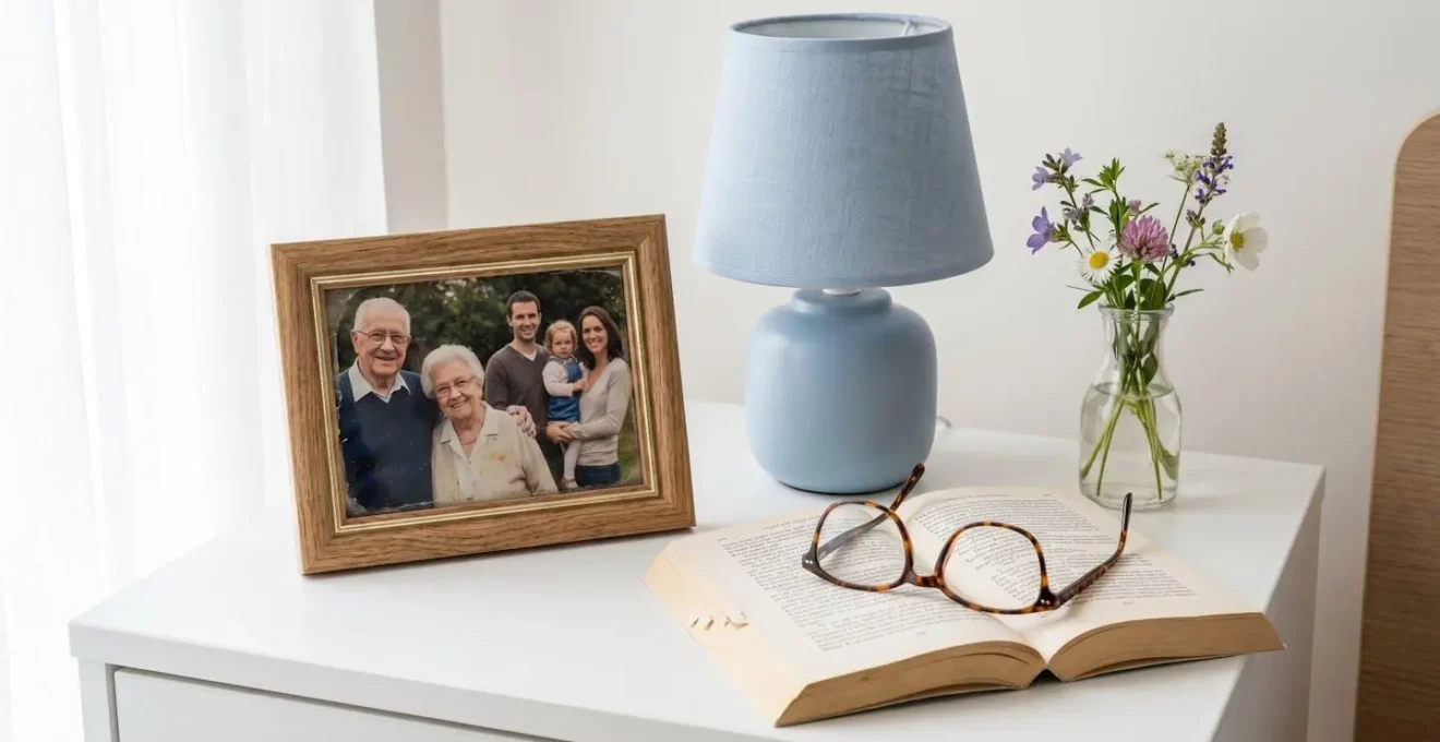 Vue rapprochée d'une table de chevet avec cadre photo familial, lampe douce et petit vase de fleurs fraîches