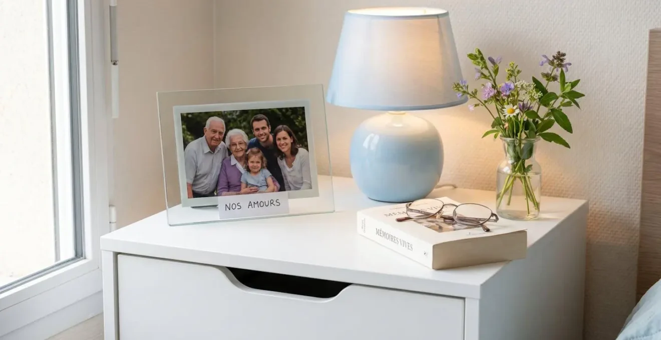 Vue rapprochée d'une table de chevet avec cadre photo familial, lampe douce et petit vase de fleurs fraîches