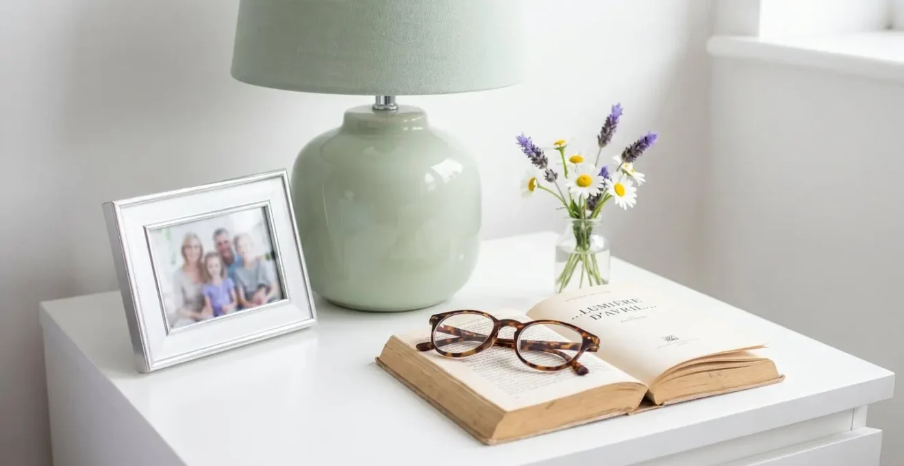 Vue rapprochée d'une table de chevet avec cadre photo familial, lampe douce et petit vase de fleurs fraîches