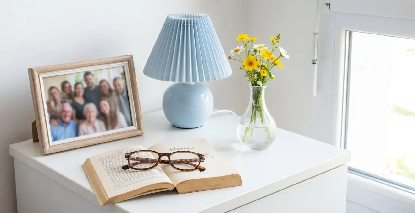 Vue rapprochée d'une table de chevet avec cadre photo familial, lampe douce et petit vase de fleurs fraîches