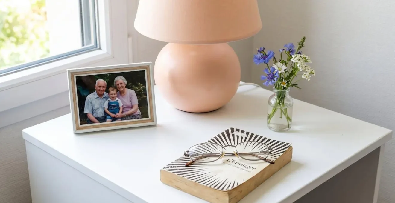 Vue rapprochée d'une table de chevet avec cadre photo familial, lampe douce et petit vase de fleurs fraîches