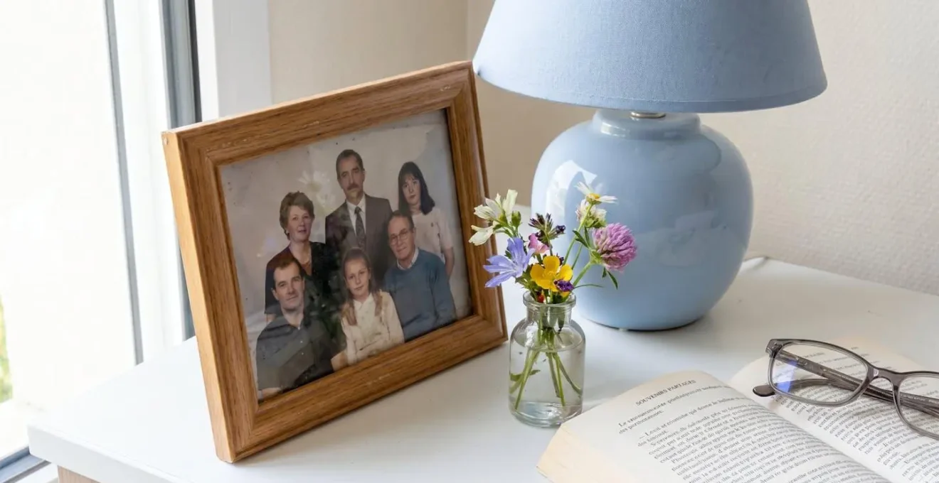 Vue rapprochée d'une table de chevet avec cadre photo familial, lampe douce et petit vase de fleurs fraîches