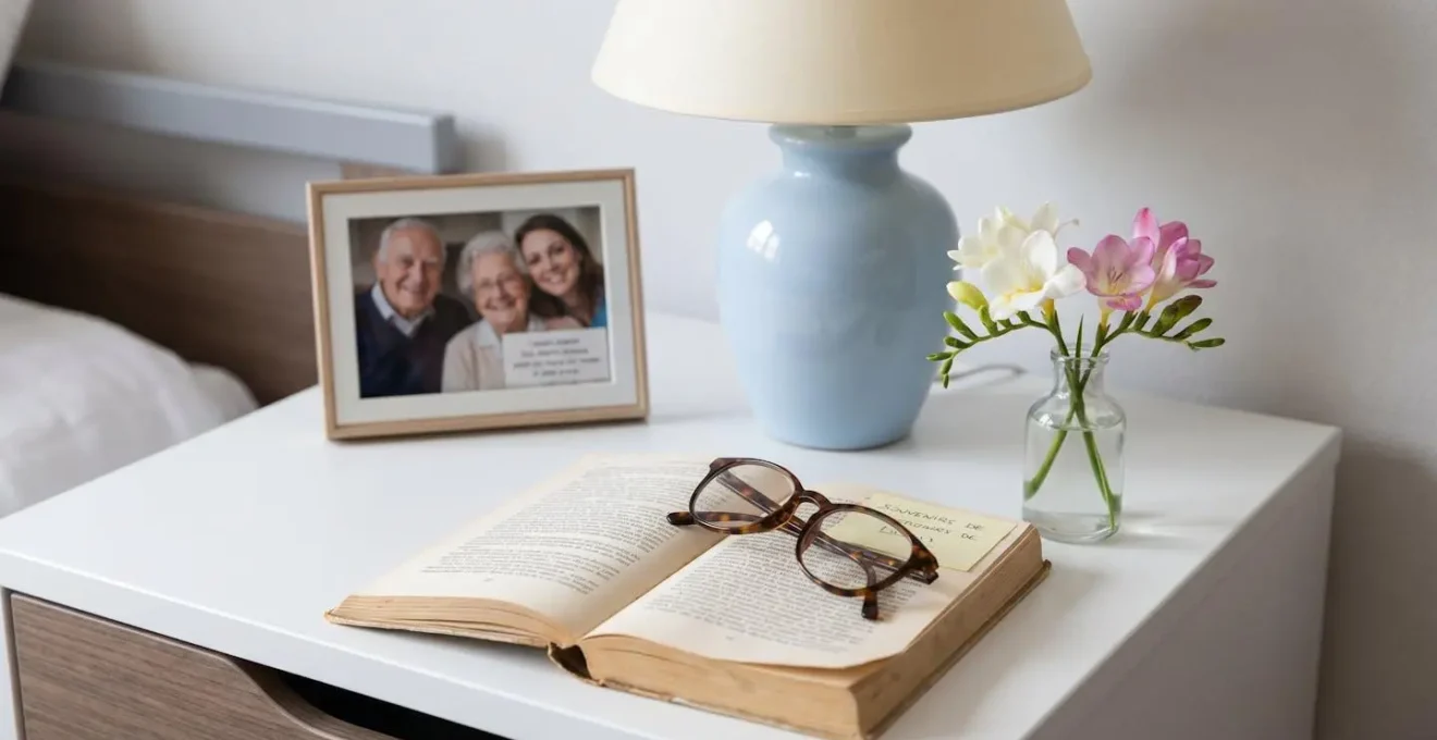 Vue rapprochée d'une table de chevet avec cadre photo familial, lampe douce et petit vase de fleurs fraîches