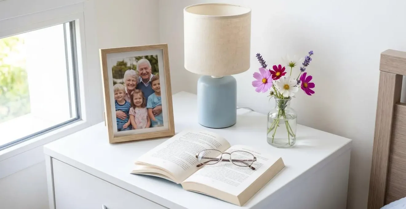 Vue rapprochée d'une table de chevet avec cadre photo familial, lampe douce et petit vase de fleurs fraîches