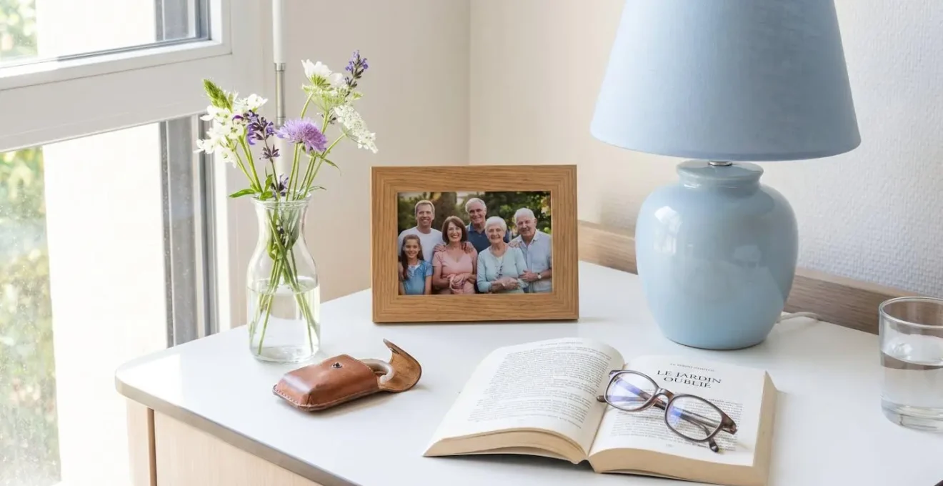 Vue rapprochée d'une table de chevet avec cadre photo familial, lampe douce et petit vase de fleurs fraîches