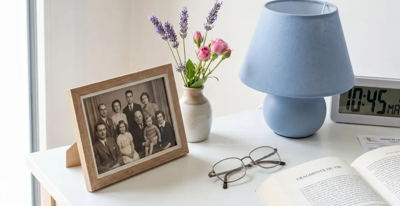Vue rapprochée d'une table de chevet avec cadre photo familial, lampe douce et petit vase de fleurs fraîches