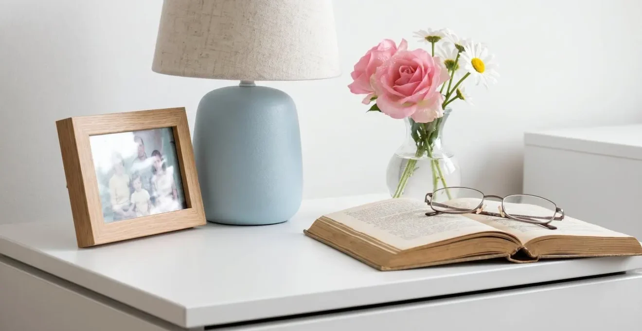 Vue rapprochée d'une table de chevet avec cadre photo familial, lampe douce et petit vase de fleurs fraîches