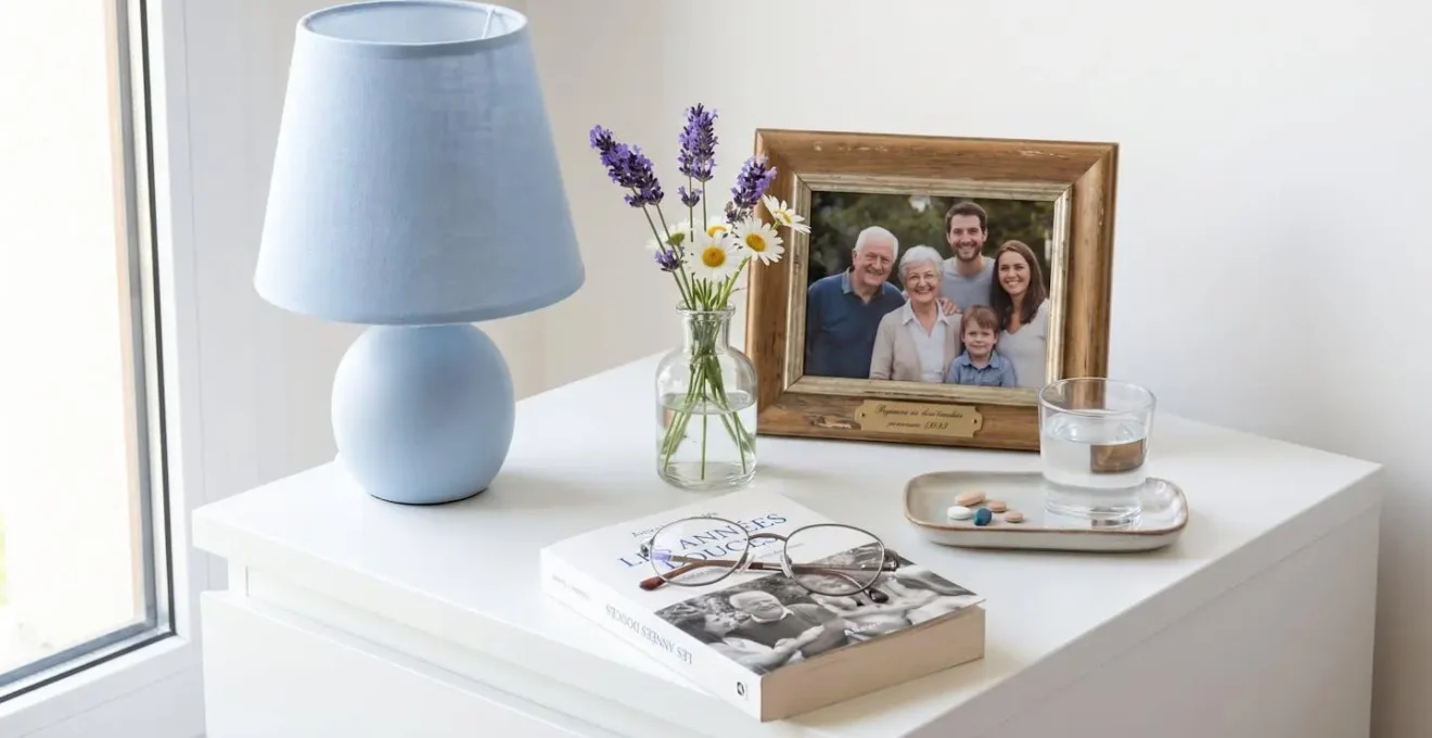 Vue rapprochée d'une table de chevet avec cadre photo familial, lampe douce et petit vase de fleurs fraîches