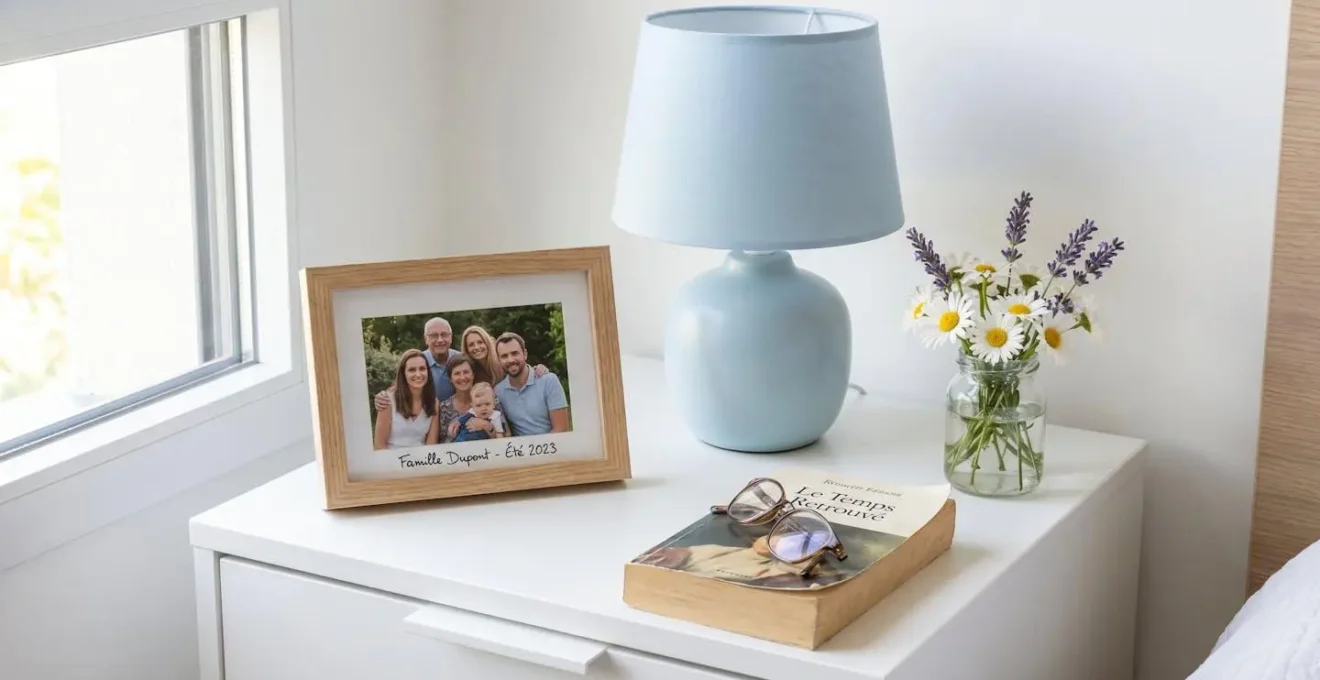 Vue rapprochée d'une table de chevet avec cadre photo familial, lampe douce et petit vase de fleurs fraîches
