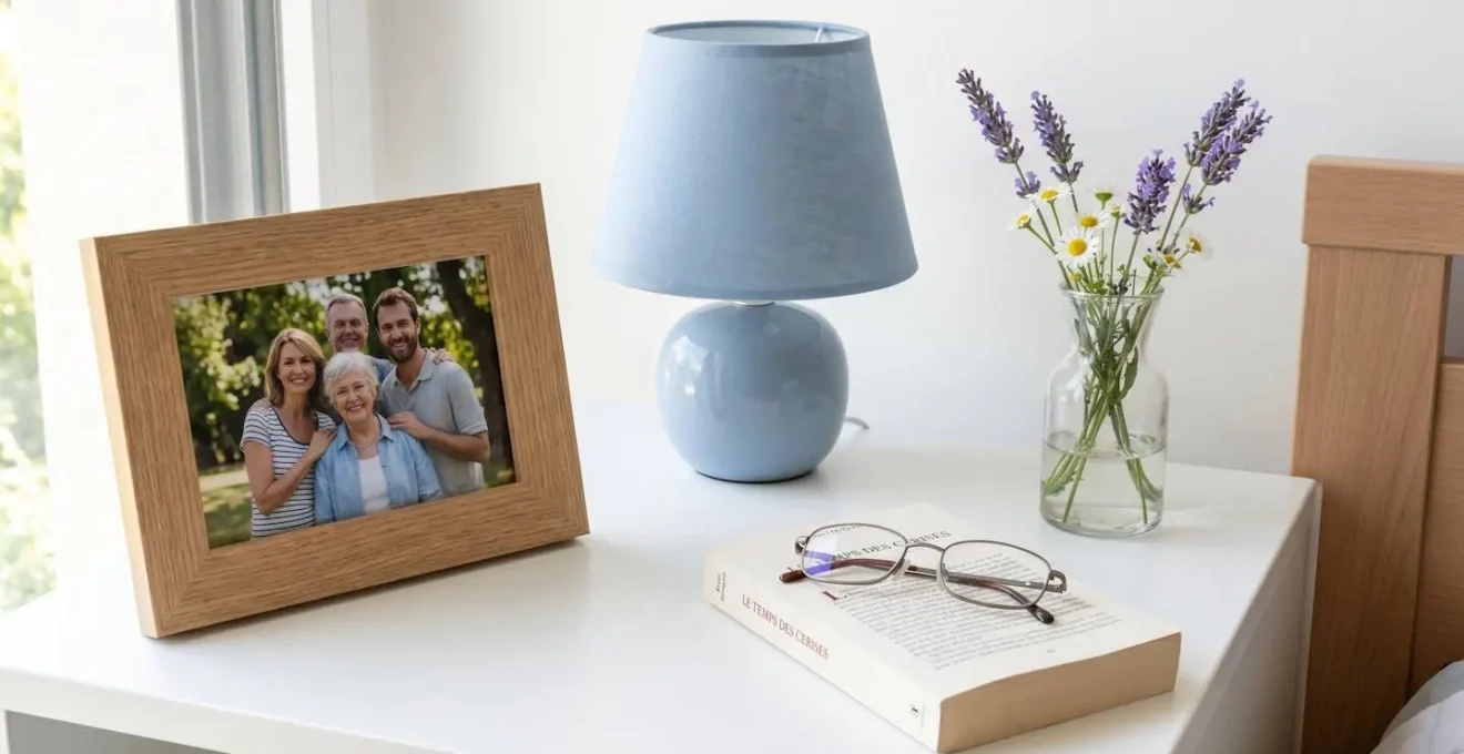 Vue rapprochée d'une table de chevet avec cadre photo familial, lampe douce et petit vase de fleurs fraîches
