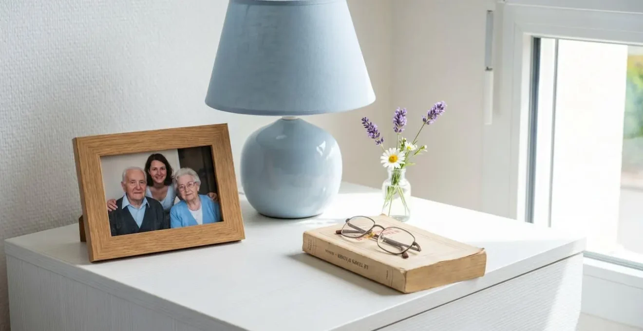 Vue rapprochée d'une table de chevet avec cadre photo familial, lampe douce et petit vase de fleurs fraîches
